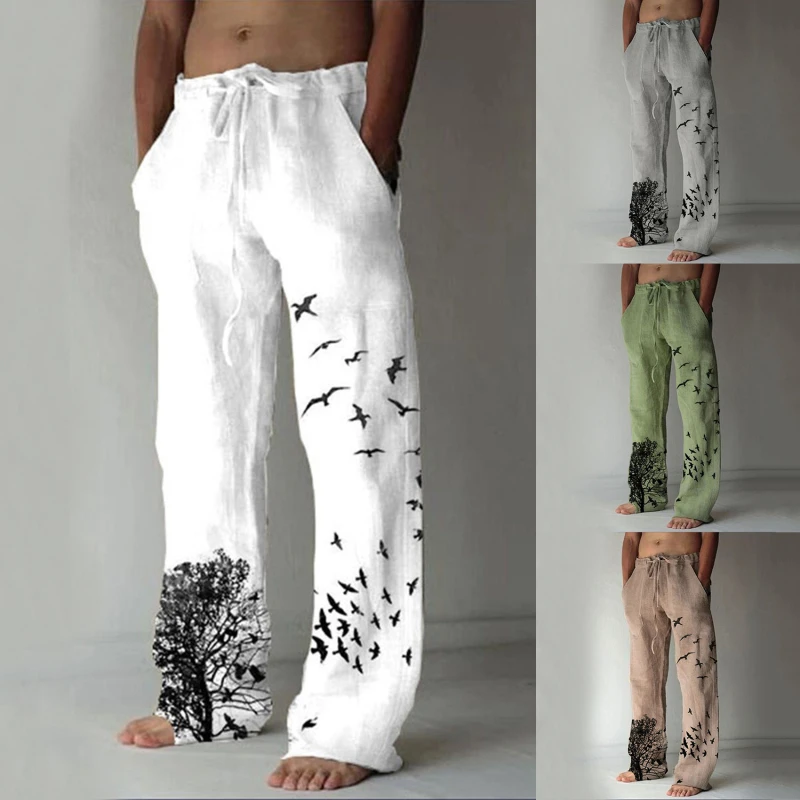 white sweatpants Men's Casual Pants Sweatpants Tree Bird Print Full Length Pants Pocket Drawstring Linen Trousers Men Oversized Jogger Trousers workout joggers