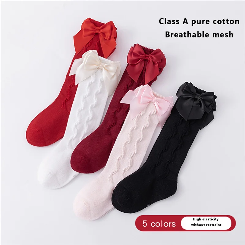 

Детские длинные носки для девочек, однотонные милые детские чулки до колен с бантом, летние тонкие танцевальные носки