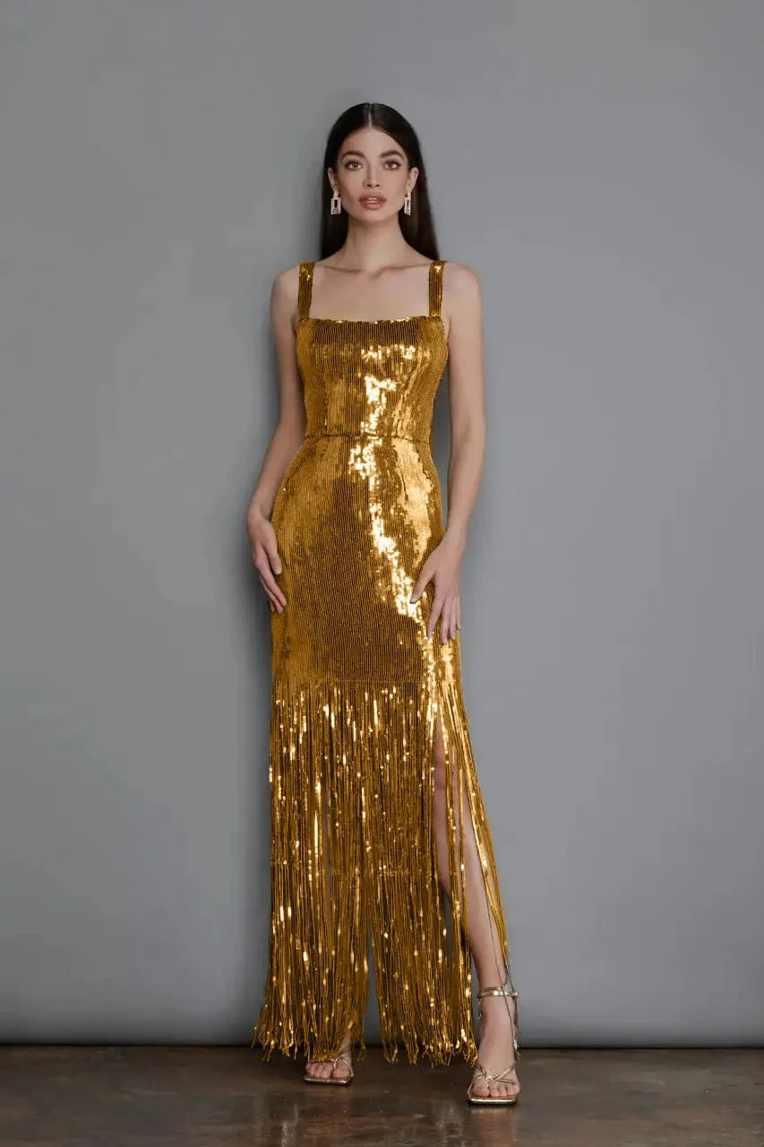 

JVDV Women's Evening Dress Camisole Sleeveless Slim Tassel Backless Split Gold Fashion Female Dresses Summer 2023 New