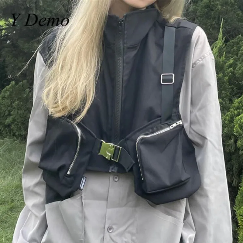 

Y Demo Techwear Punk Sleeveless Buckle Pocket Women's Vest Casual Rock Grunge Zipper Jacket Streetwear