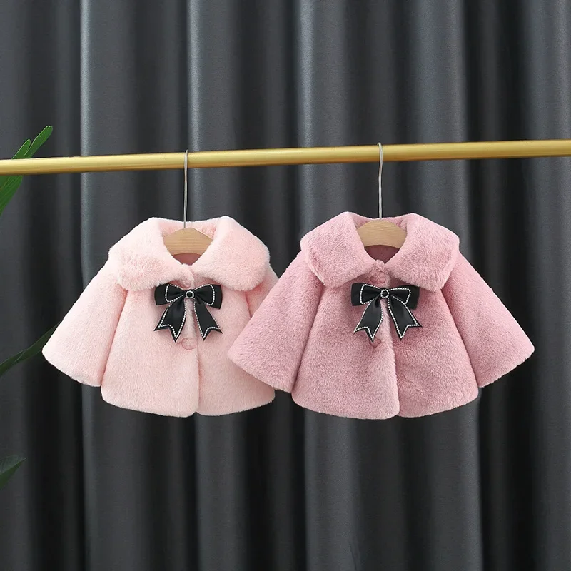 Winter Kids Jackets Girl's Winter Coat Sweet Big Flip Collar Solid Color Long sleeved Big Bow Warm Children's Coat Suitable for 0-3 Years Old