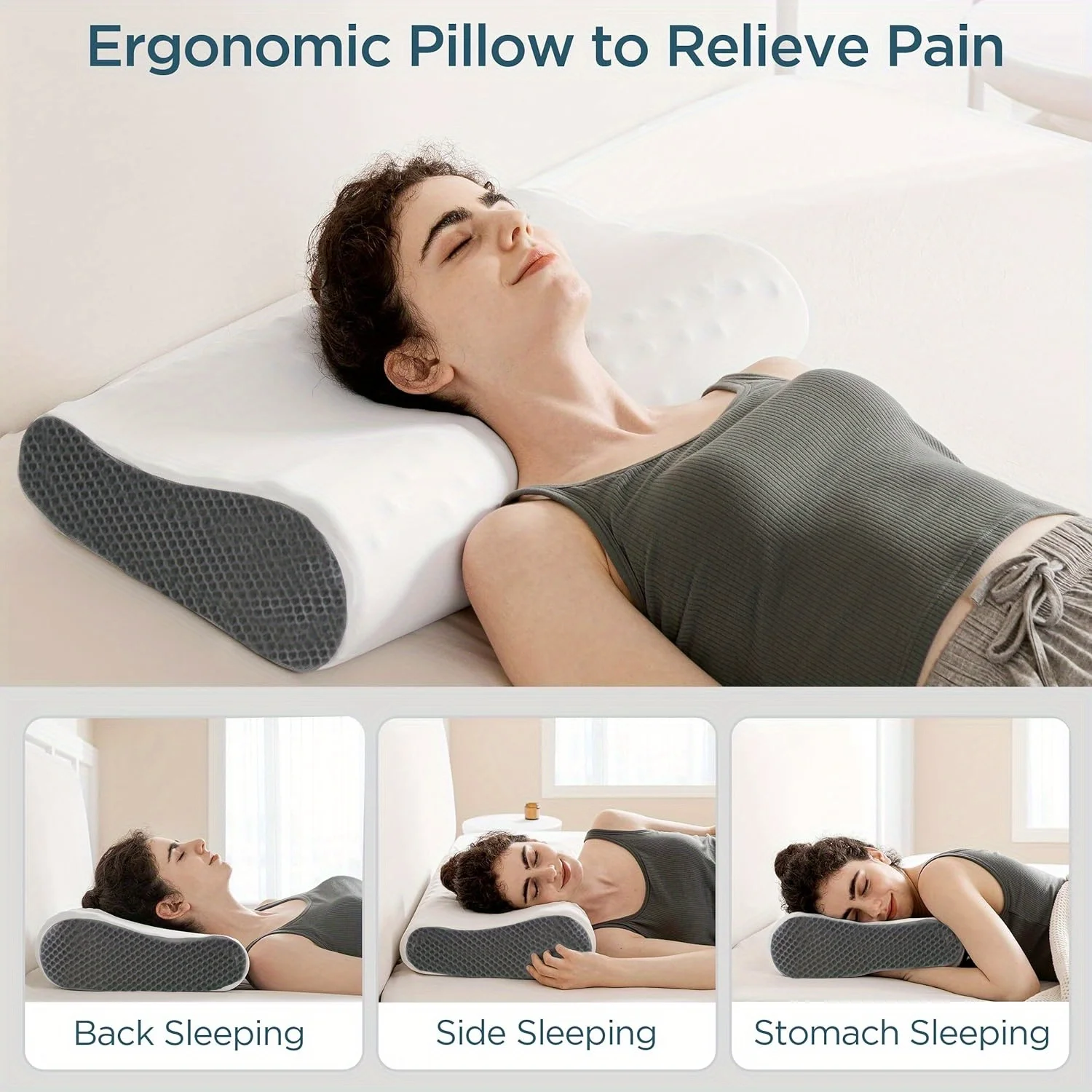 1pc Ergonomic Memory Foam Travel Pillow, Cooling Neck Support, Contour Cervical Orthopedic Pillow for Side, Back, Stomach Sleepe 5