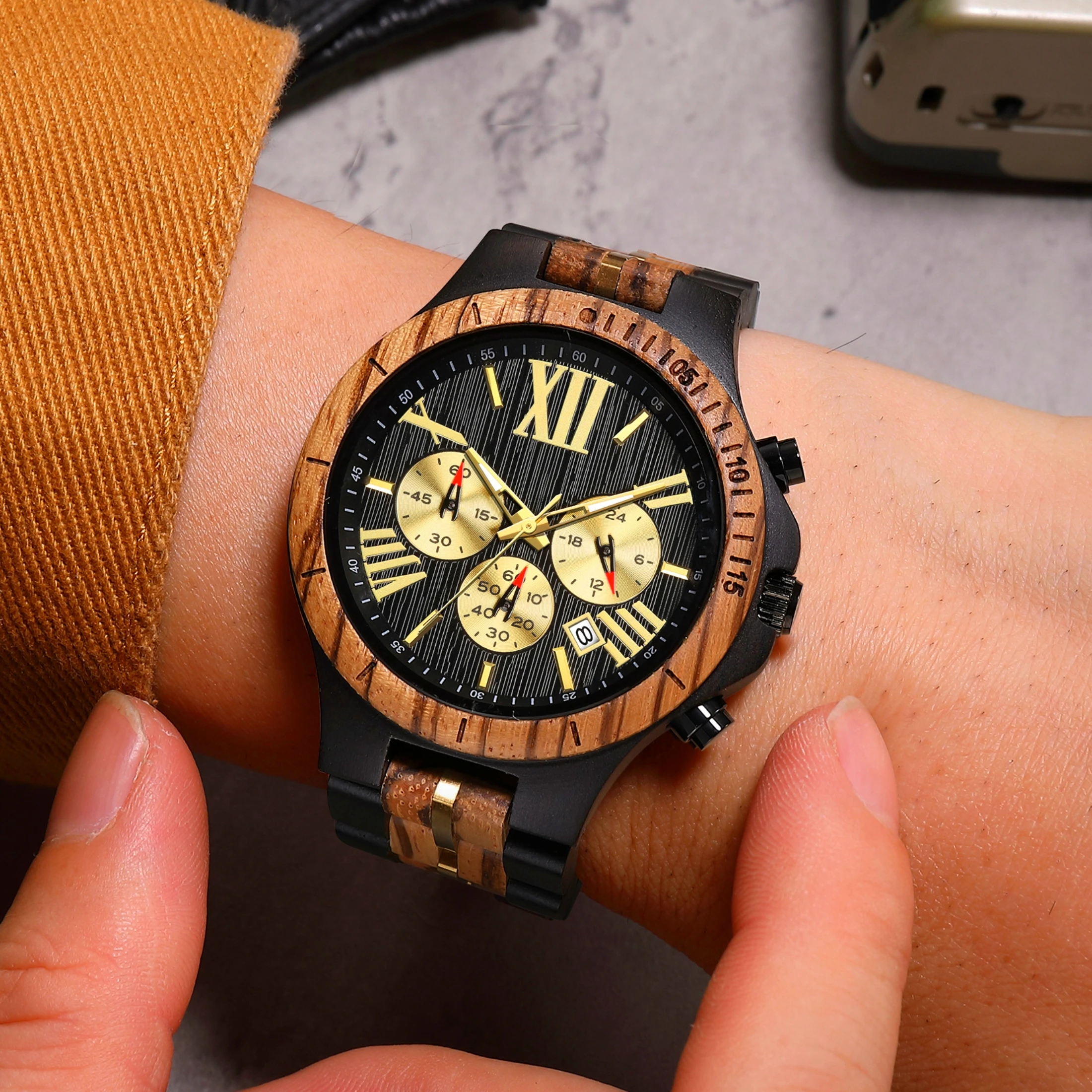 Natural Solid Wood Men's Watch Time Code Calendar Multifunctional Brown Black Quartz Watch Wood Watch Men's Watch Clock