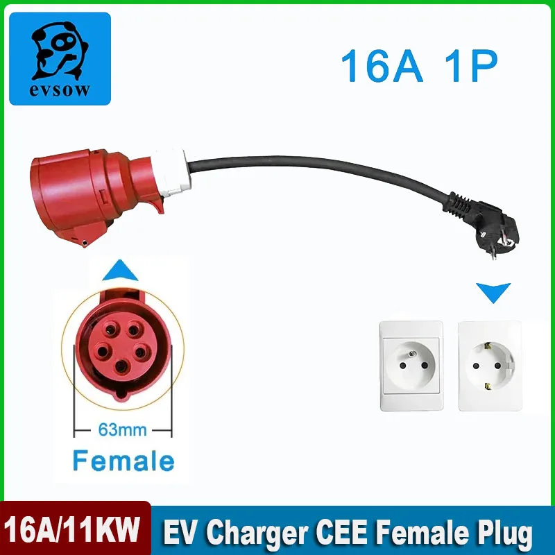 

evsow EV Charger Schuko Plug To CEE Red Power Female Plug 5 Pins Socket Adapter Connect with 16A 3 Phase 11KW Portable Charger