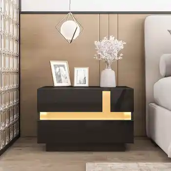 LED Nightstand Modern Black Night stand with 2 High Gloss Drawers Wood Low Profile Bed Side Table with Plug in LED Light US