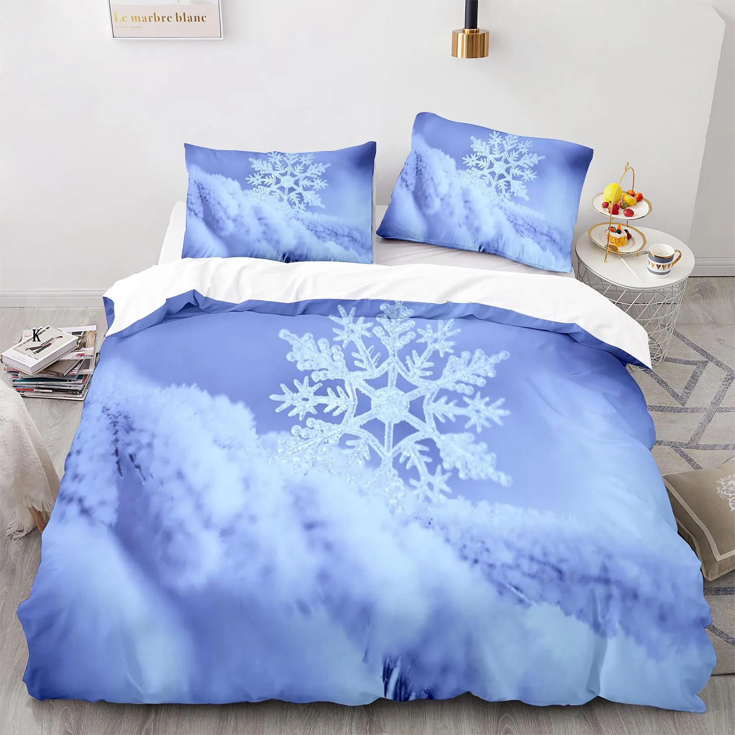 

Snowflake Polyester Duvet Cover Set King Queen Twin Full Size Geometric Winter Inspirations Theme Cold Weather Season for Teens