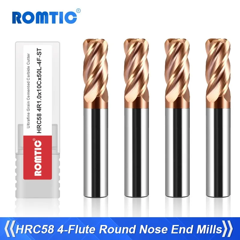 

ROMTIC HRC58 Tungsten Steel Carbide 4-Flute Round Nose End Mill Bronzer Coating CNC Mechanical Processing Milling Cutter Tools