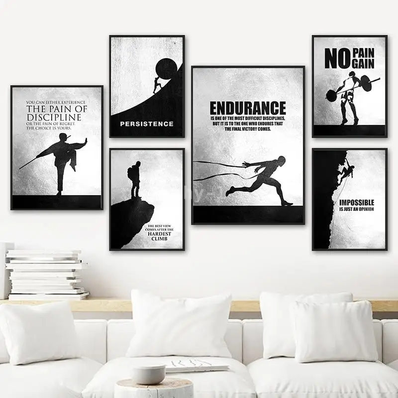 

Мотивационные спортивные цитаты, настенное искусство, черно-белые холсты, принты для спортзала, декор для гостиной