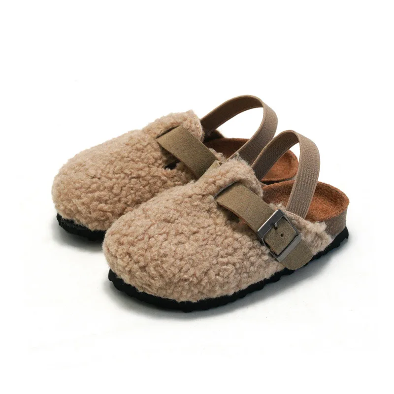 Child Baby Boys Girls Warm Fuzzy Slipper Plush Sandals Cork Faux Fur Flats Toddler Prewalker Slipper Elastic Back Strap