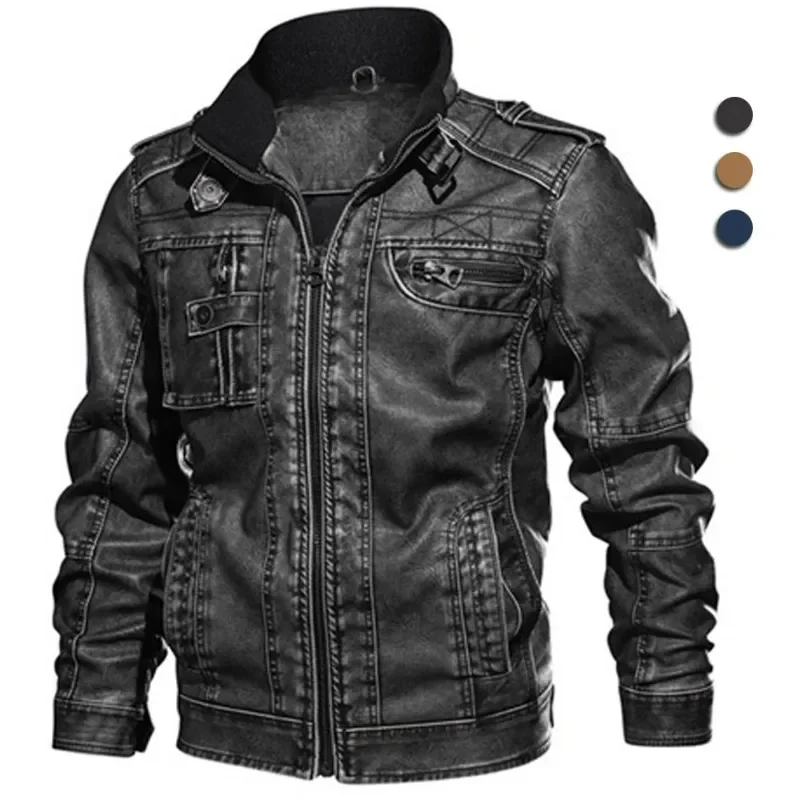 

Jacket Men Vintage Biker PU Coat Causal Motorcycle Jackets Plus Size 8XL 3D Stand Collar Autumn Winter Thick Tops