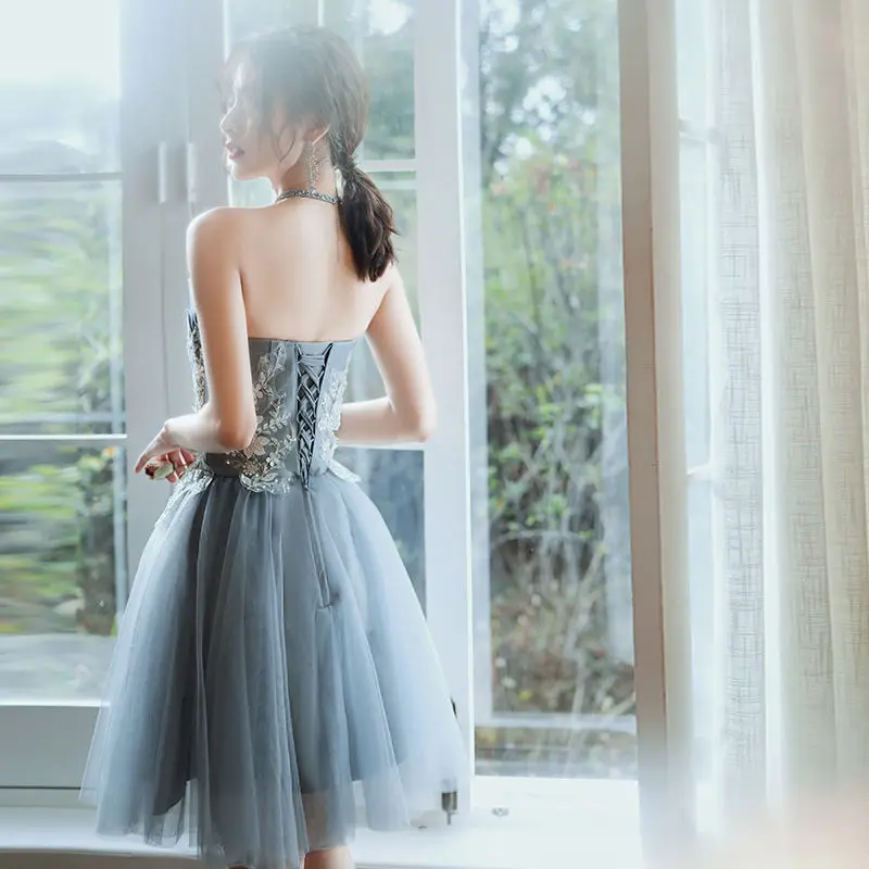 Short grey sweat sleeveless lady girl women bridesmaid dress party evening dress performance gown