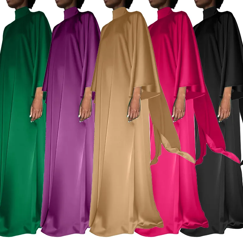 

2024 New Muslim Dubai Abaya High-neck Loose-fitting Middle Eastern Robe Satin Kurdish Dress Kaftan Dresses Womens