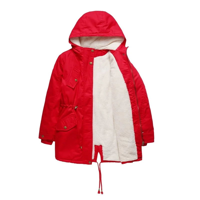 Women's Cotton Clothing Ofe Autumn and Winter New Women's Solid Color Hooded Parker Coat Thick Cotton  Plus Velvet Cotton