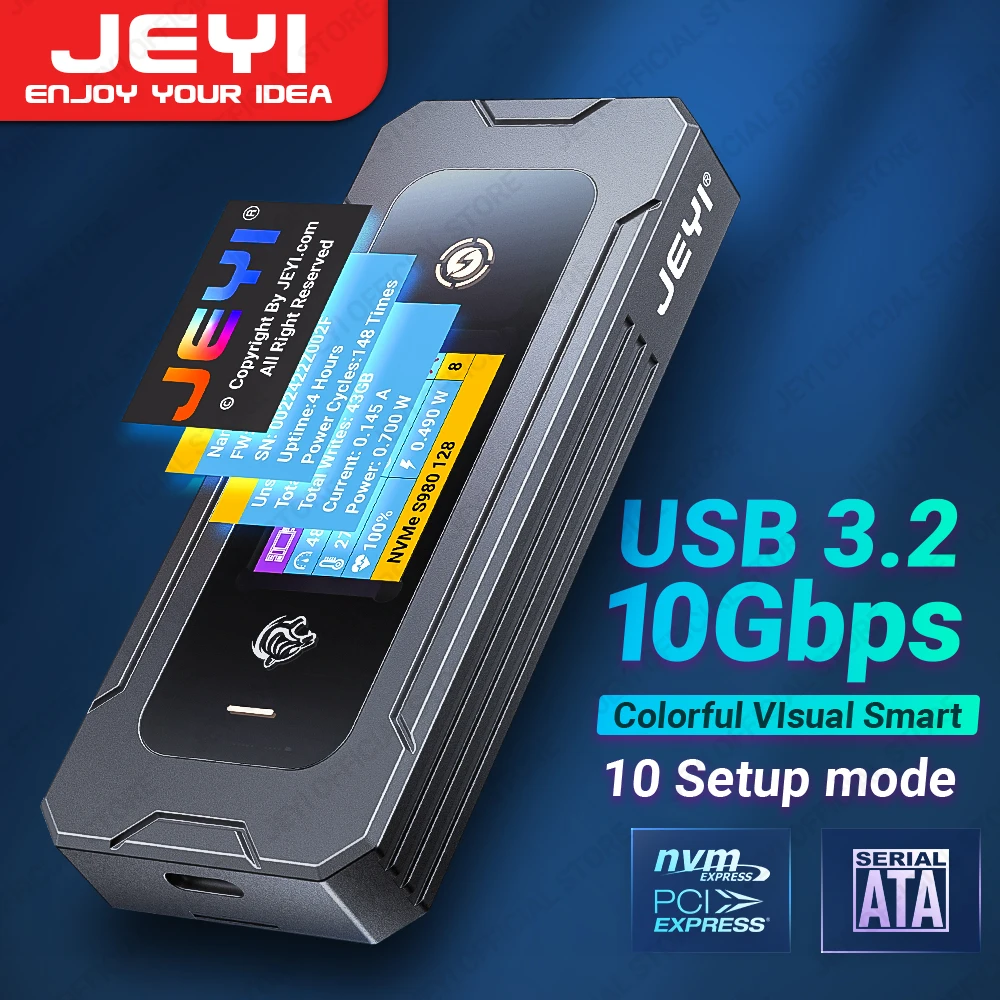 

JEYI визуальный умный M.2 NVMe / SATA SSD корпус, USB 3,2 10 Гбит/с 10 наборов режимов в режиме реального времени с поддержкой температуры M-Key B + M Key UASP