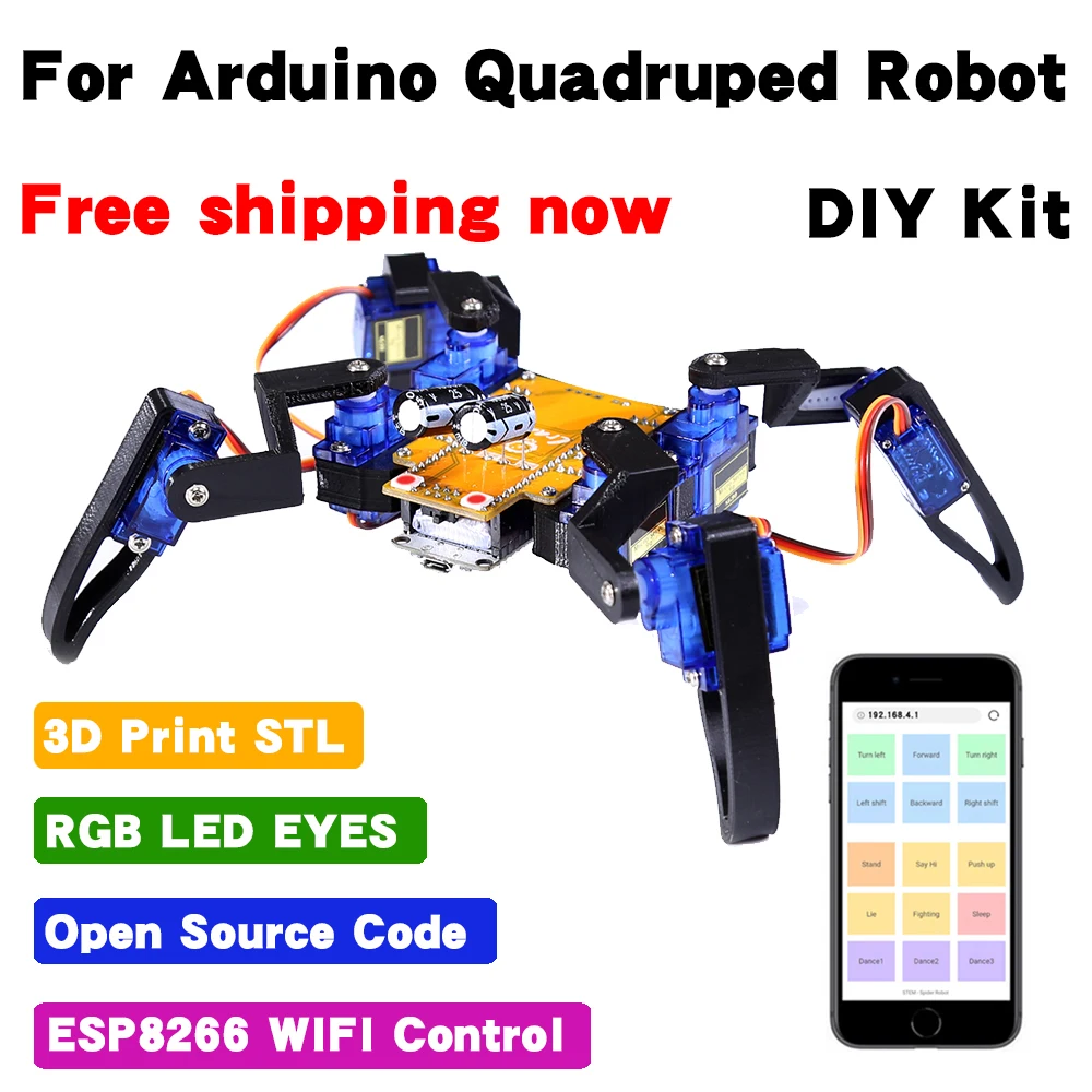 

8-DOF Spider Robot Arduino DIY Kit Bionic Quadruped Edu-Robot Maker Open Source Project WIFI Wireless Control STEM Program Toys