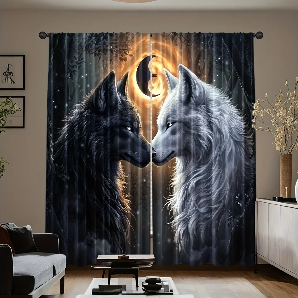 2 ชิ้นผ้าม่านกันความร้อน - ผ้าม่านหน้าต่างดีไซน์หมาป่าพร้อมพื้นหลังที่มืด, การปิดกั้นแสงและประหยัดพลังงาน Wi 1