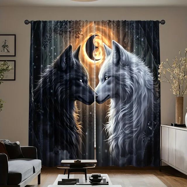 2 ชิ้นผ้าม่านกันความร้อน - ผ้าม่านหน้าต่างดีไซน์หมาป่าพร้อมพื้นหลังที่มืด, การปิดกั้นแสงและประหยัดพลังงาน Wi 1