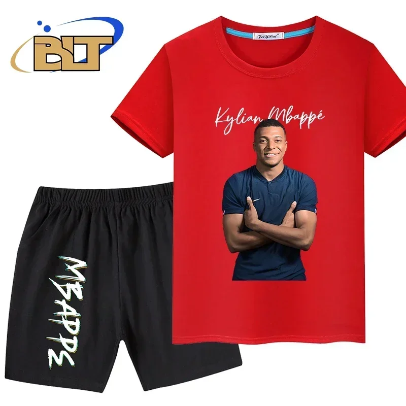 Children's Summer Sports T-Shirt and Shorts Set - Mbappe Avatar Print