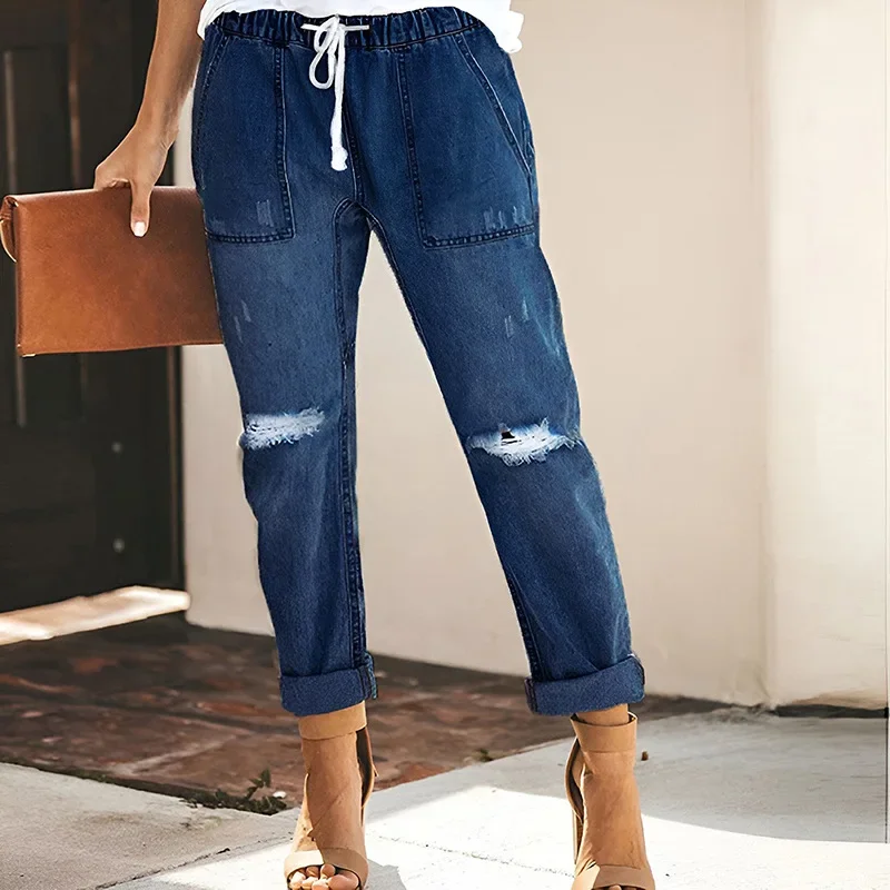 

Washed and Ripped High Strecth Straight Jeans for Women with Large Pockets Elastic Waist Drawstring Pants Plus Size Mom Jeans