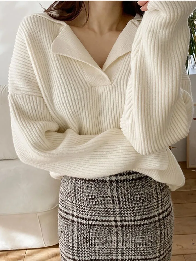 

WARMnew Oversize Pullovers Solid Sweater For Women Autumn Women Knitted Ribbed Loose Sweater V-neck Long-sleeved Jumpers Winter