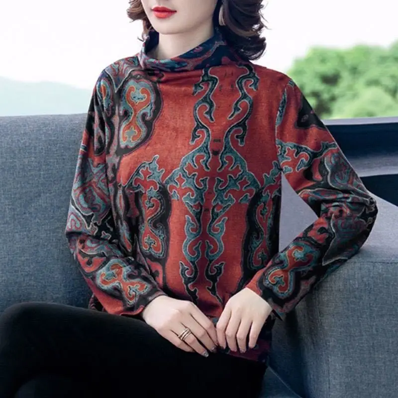 

Chinese Style Asymmetric Pattern Printing Stand Collar T-Shirts Double Sided German Velvet Thickened Long Sleeve Three Colors