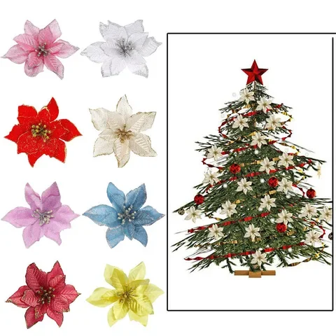

5/10Pcs 13cm Glitter Artificial Flowers For Christmas Tree Decoration DIY Christmas Ornaments Home Wedding Xmas Party Decoration