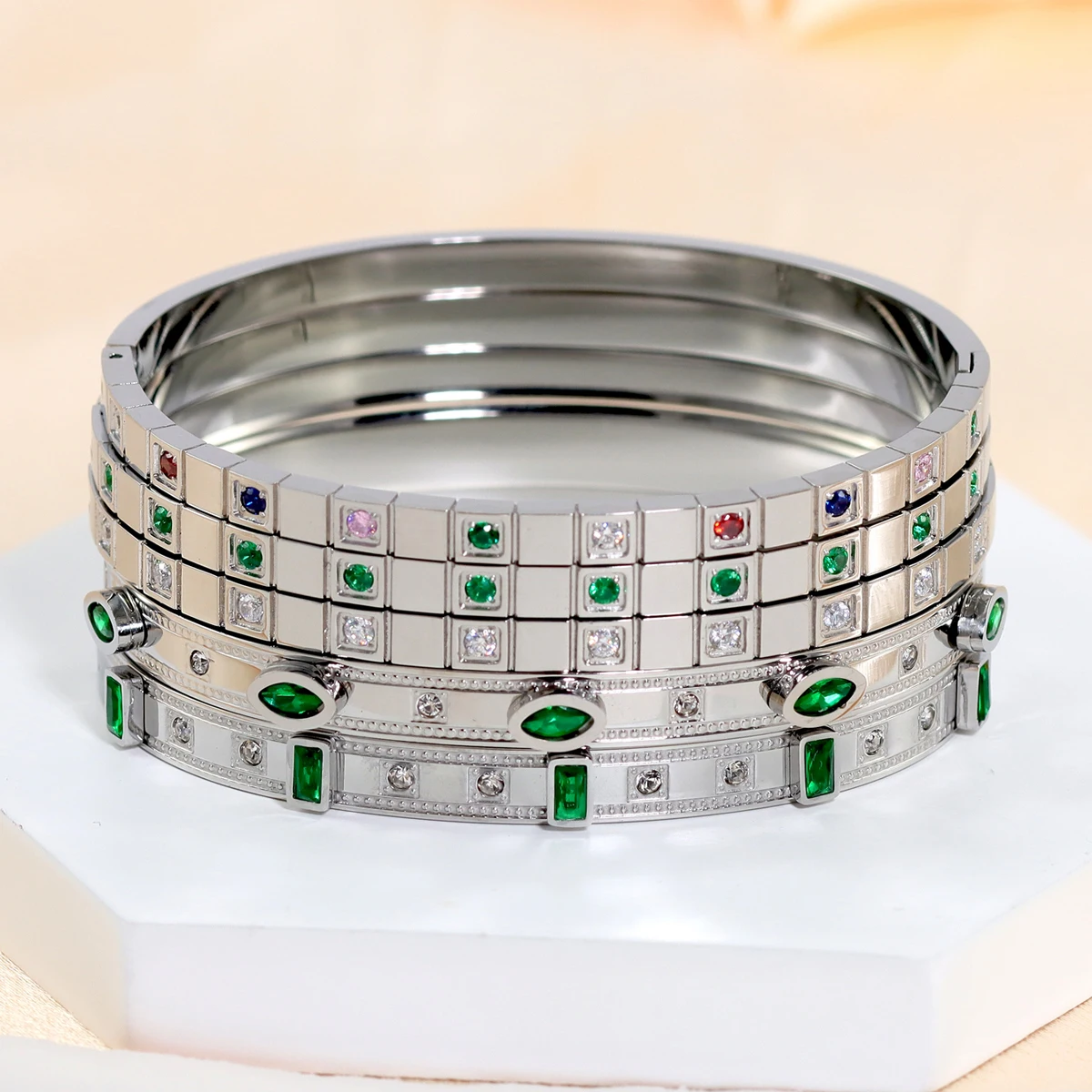 Stainless Steel Bracelet Trendy Chic Gold Color Simple 316L Stainless Steel Bangles Bracelets for Women Charm Colored Zircon Waterproof Jewelry Gift