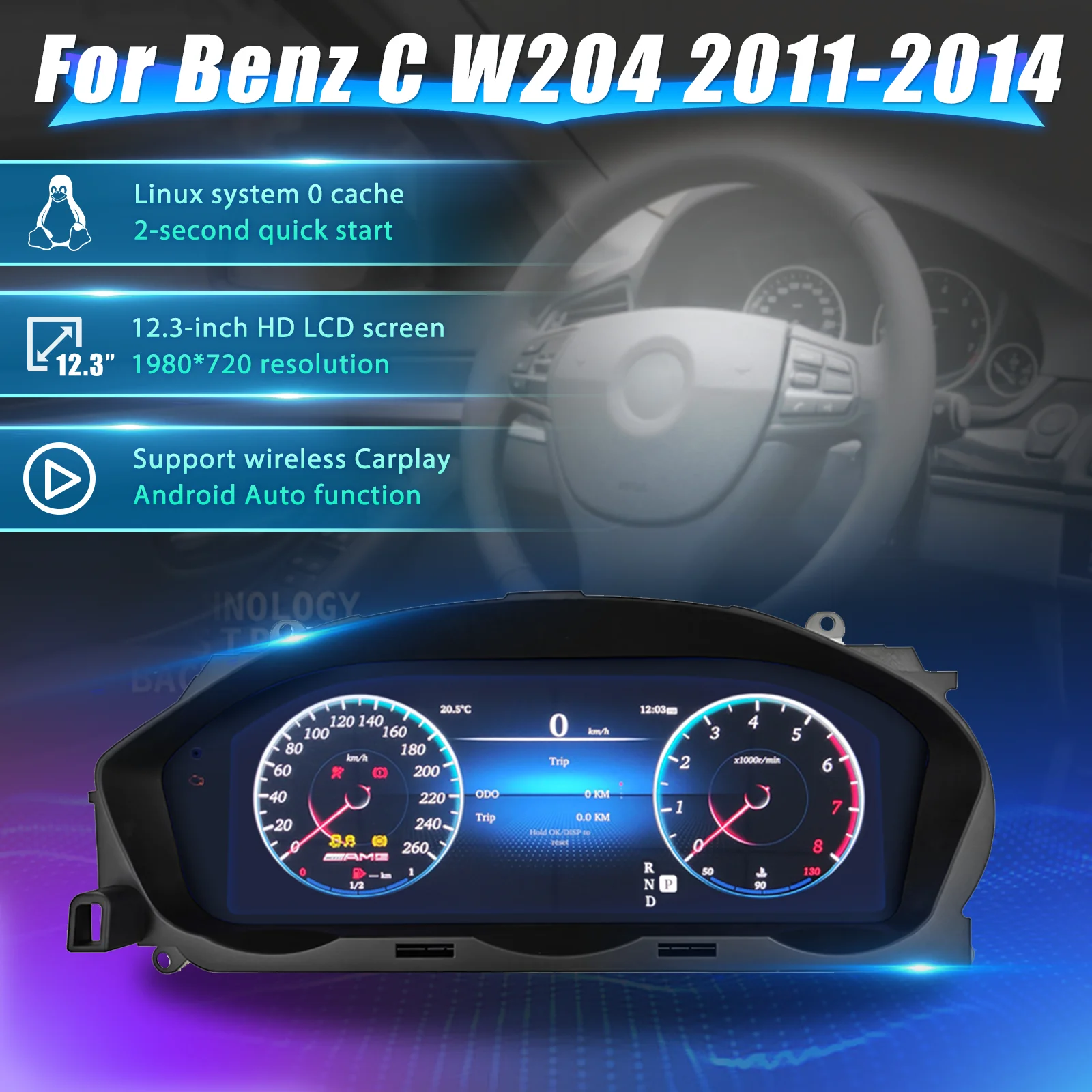 Panel de Instrumentos Digital de 12.3 Pulgadas para BenZ Clase C W204 Años 2011-2014, Velocímetro Virtual, Panel de Instrumentos 1