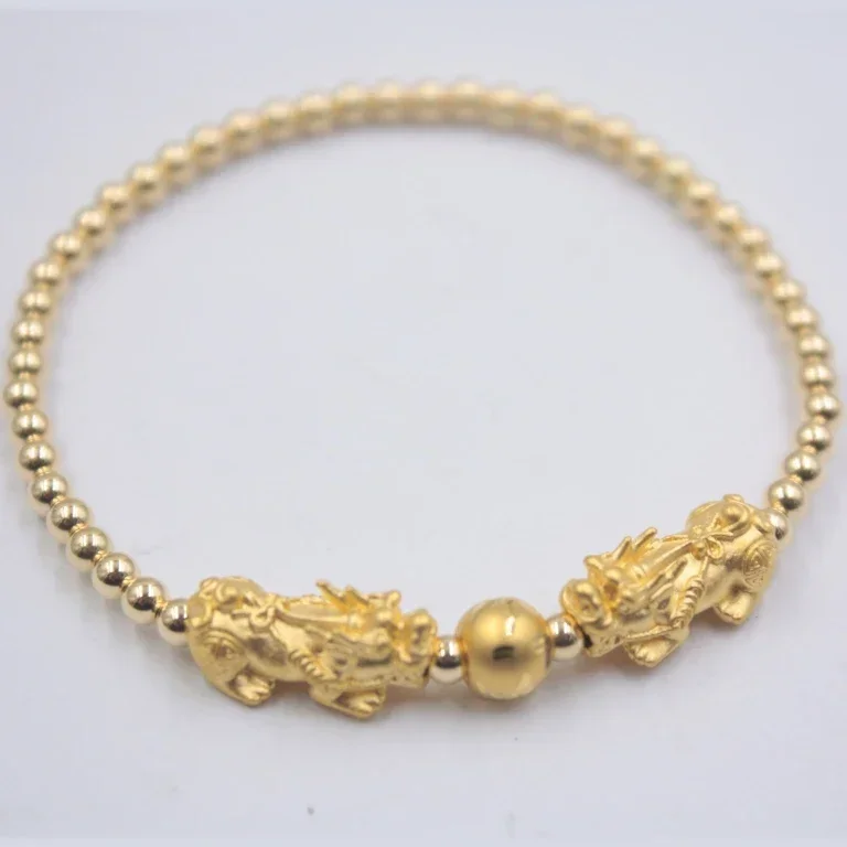 

999 24K Yellow Gold Bracelet Real Gold Chain Lucky Pixiu and silver 3mm Beads For Women Girl Best Gift