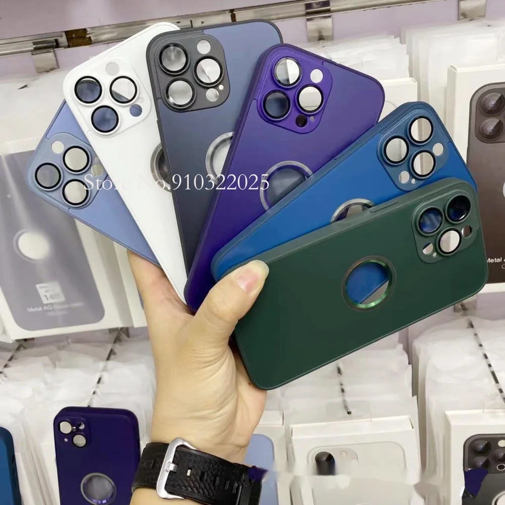 

10 pcs AG Matte Glass Phone Case with Hole For iPhone 14 13 12 11 Pro Max Plus Frosted Glass Case With Camera Lens Film Cover