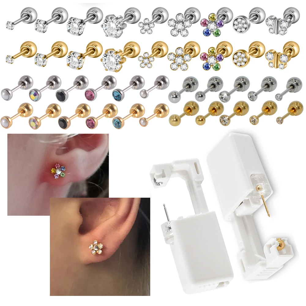 1PC Easy to Use Disposable Sterile Ear Piercer with Flower Gem Safe Ball Buckle Set Piercing Gun Body Piercing Jewelry Refflesia