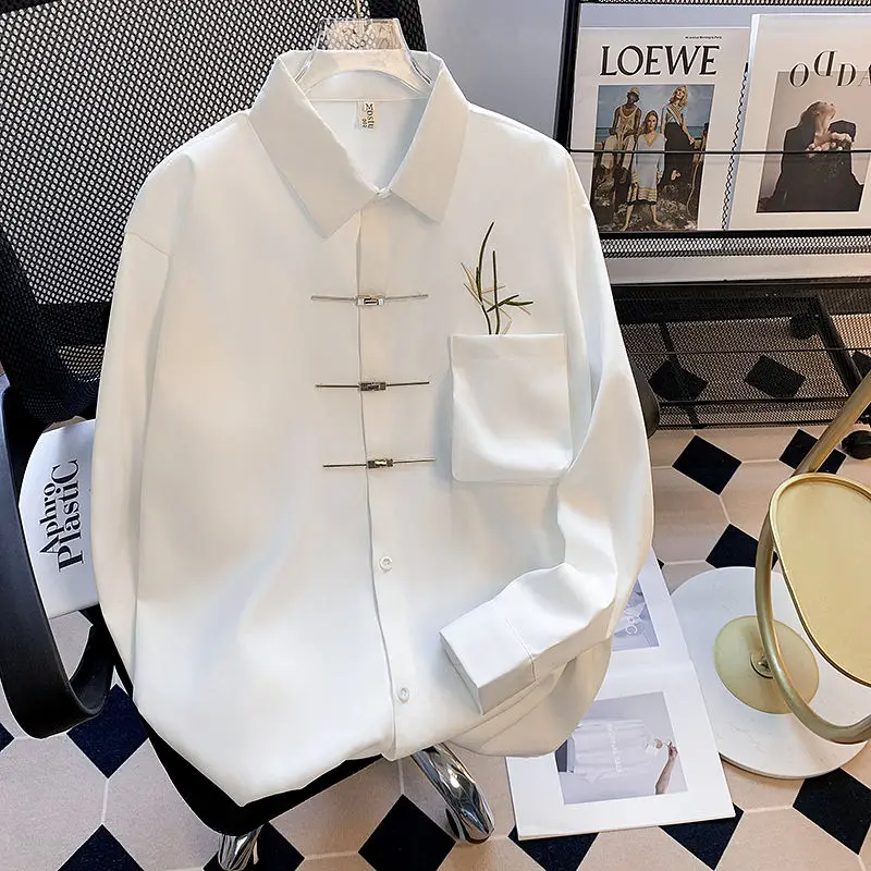 

New Chinese Style Long Sleeved Shirt men's Buckle Shirt Loose Casual Top Spring Autumn Bamboo Embroidery Retro Tang Suit Shirt