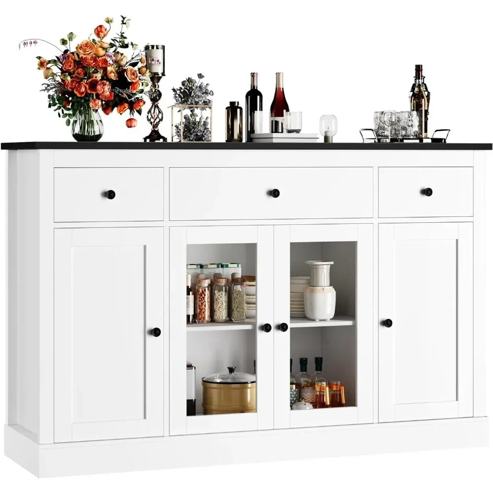 Sideboard Buffet Cabinet with Storage, 55" Large Kitchen Storage Cabinet with Drawers Glass Doors, Modern Farmhouse Coffee Bar