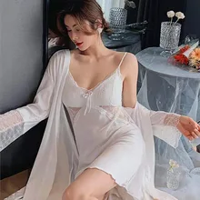QWEEK Silk Sleepwear Sexy Robe Night Dress Women Lace Patchwork Nightwear Elegant Bathrobe Female 2 Piece Set Peignoirs Kimono