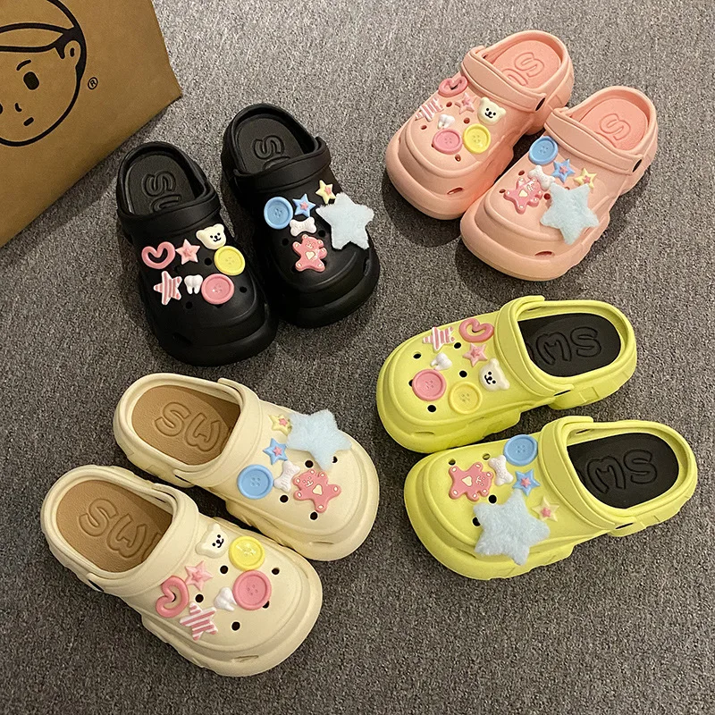2024 New Sandals DIY Cute Cartoon Clogs Women Mules 3cm Platform Beach Slippers Cave Hole Female Garden Shoes For Students Girls