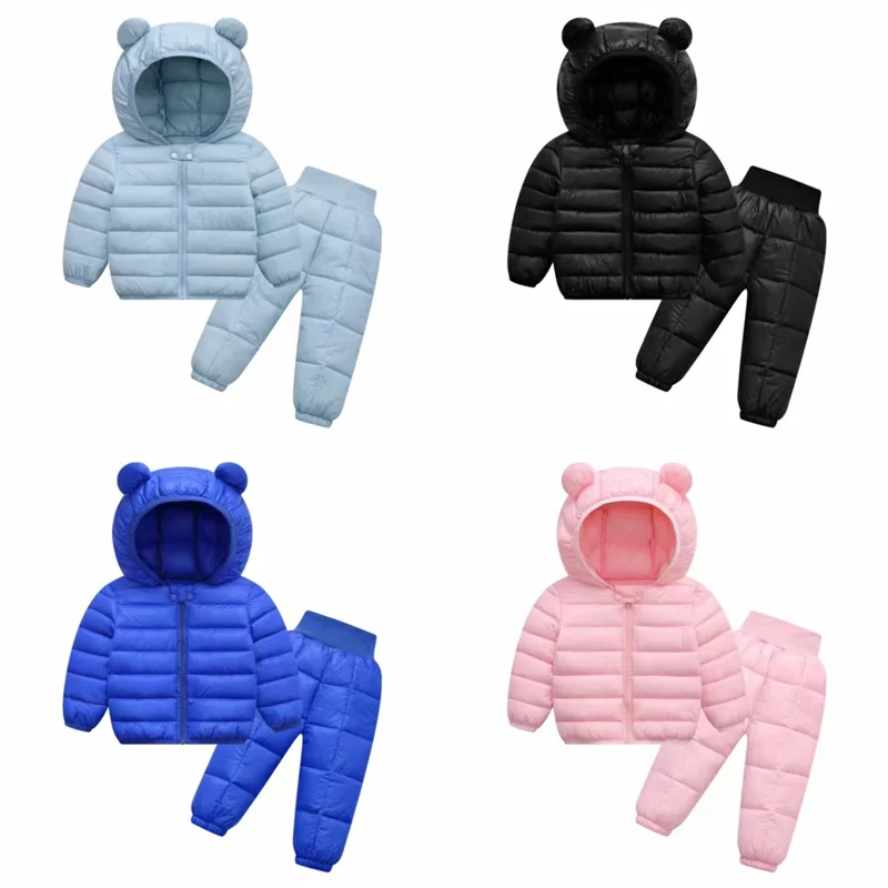 

Baby Down Jacket Set Girls Boys Casual Warm Coat and Pants Suit Autumn Winter Children's Hooded Solid Color Sportswear 2Pcs 1-5Y