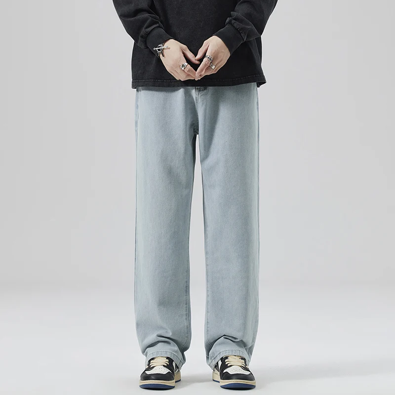 American solid color jeans spring and autumn men's high street straight leg pants versatile  wide leg pants baggy jeans