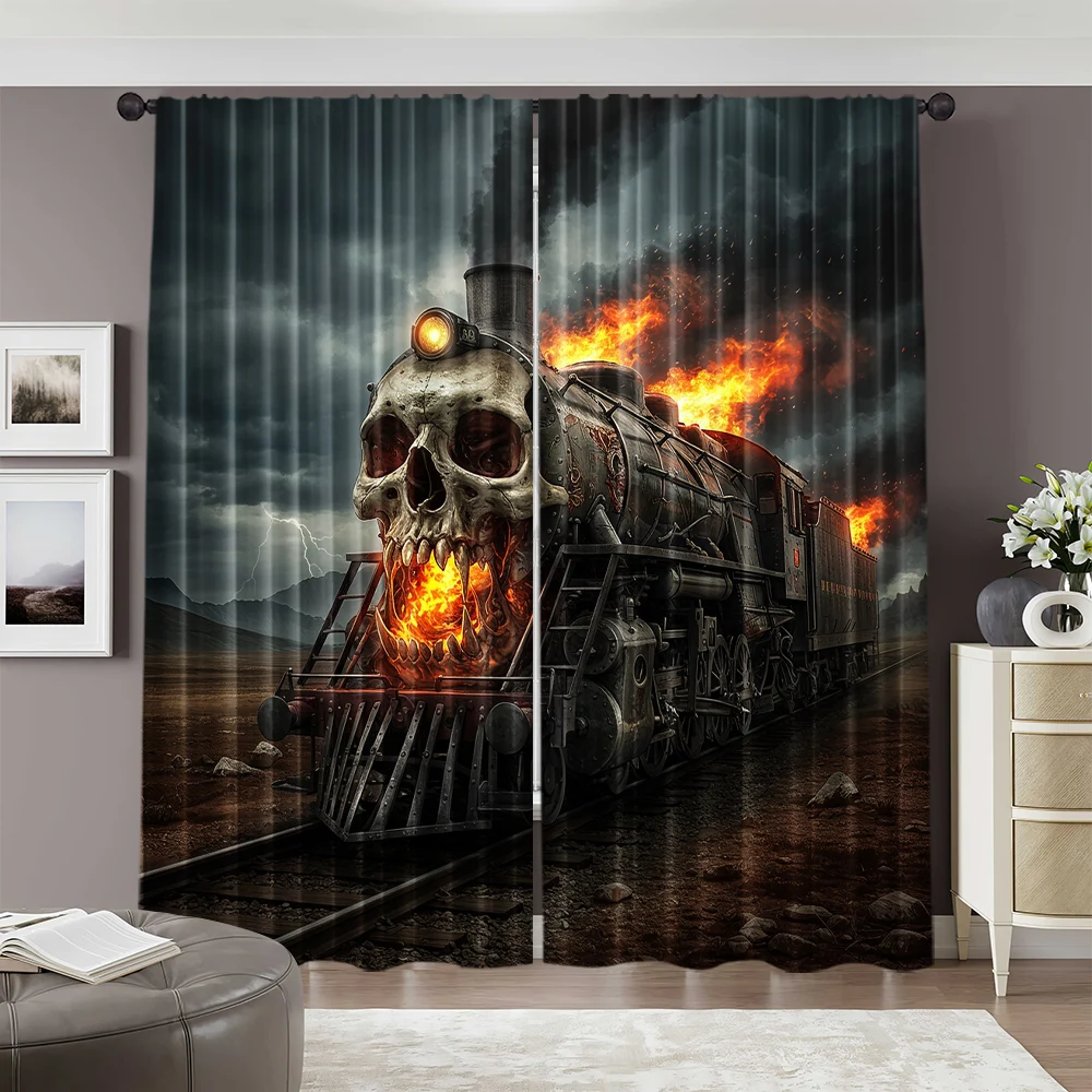 2pcs, spring summer Curtains Skull Train Yarn Curtains Durable 100% Polyester Fabric Holiday Ldeal for Kitchen Living Room 2