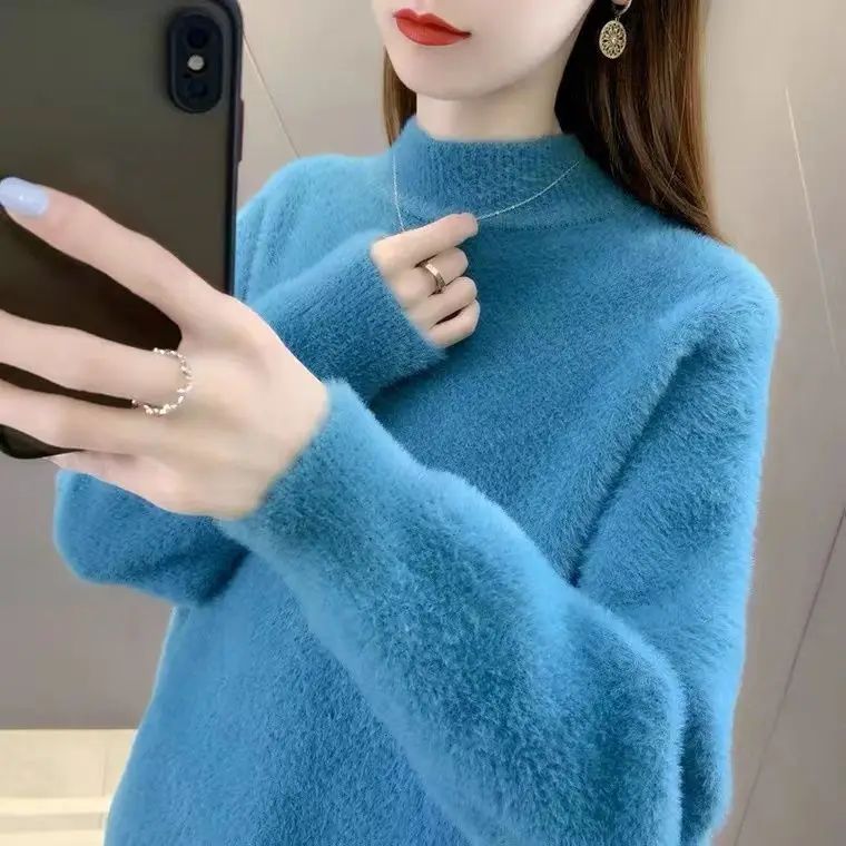 

Женские бархатные свитера с коротким высоким воротником, зимние облегающие теплые вязаные топы с длинным рукавом, Повседневные Плюшевые флисовые осенние свитера NewYL6