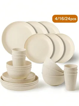 4/16/24pcs Plastic Dinnerware Set, Reusable Cup, Plate And Bowl Set, Suitable For Camper, Camping, Picnic, Dormitory, Beige 1