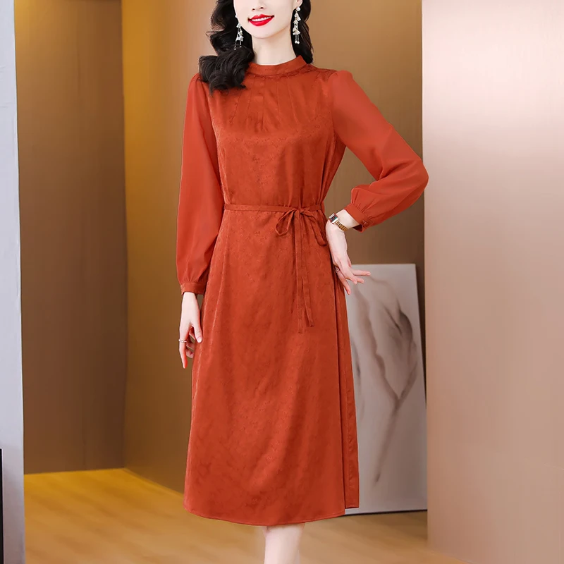 

Женское шелковое платье средней длины, свободное приталенное платье с круглым вырезом и принтом, лето 2023