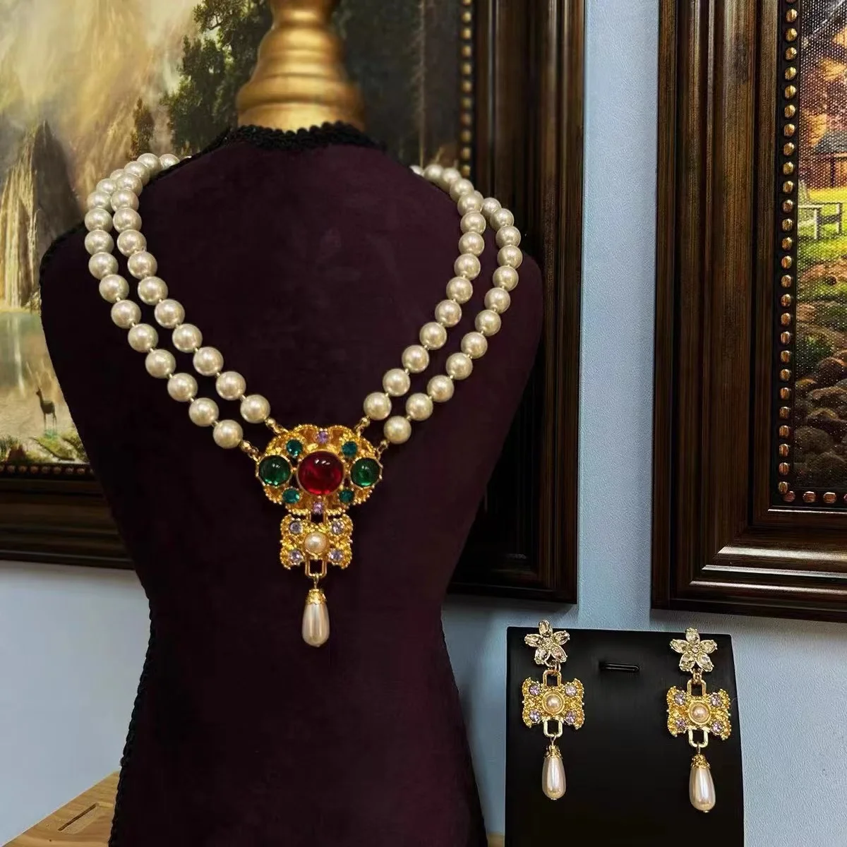 

Earrings for Women Girl Gold Pearl Double Layer Antique Palace Necklace Earring Woman Party Show Jewelry Gorgeous Luxury Vintage