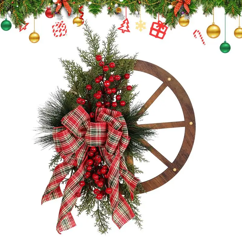 

Artificial Pine Needles Wheel Christmas Wreath With Bow Non Fade Realistic Red Berry Christmas Wreath For Front Door Decoration