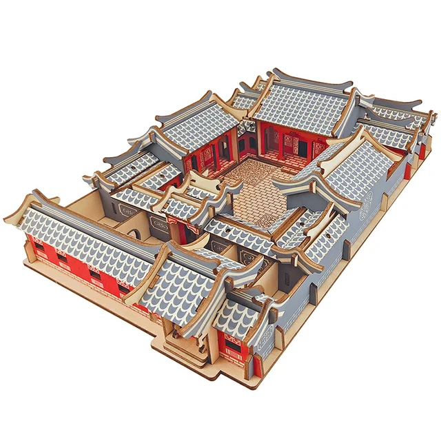 Siheyuan 3D Wooden Puzzle Chinese Beijing Courtyard House Building Model DIY Wood Jigsaw Educational Toys For Children Kids Gift