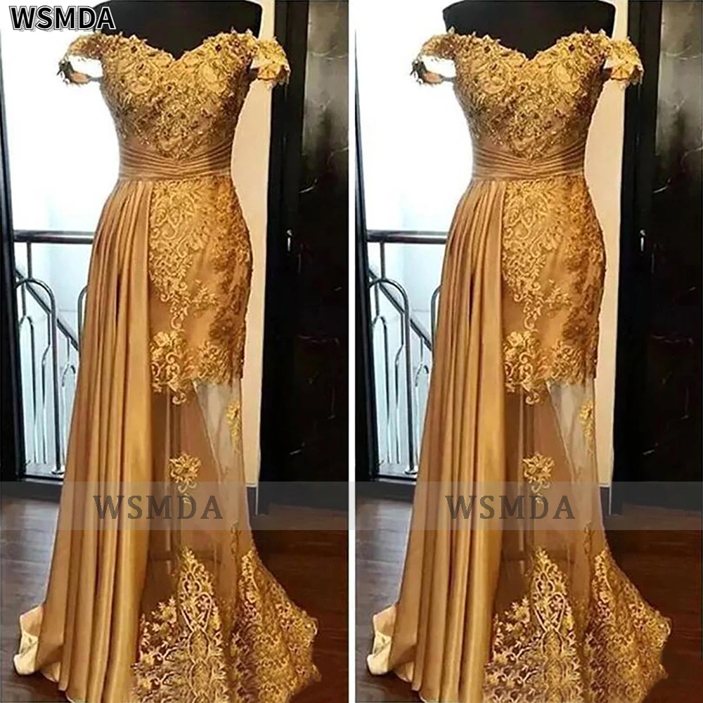 

Золотистое кружевное платье-Русалка с аппликацией, пикантное прозрачное вечернее платье с открытыми плечами и без подкладки, платье-Русалка для выпускного вечера