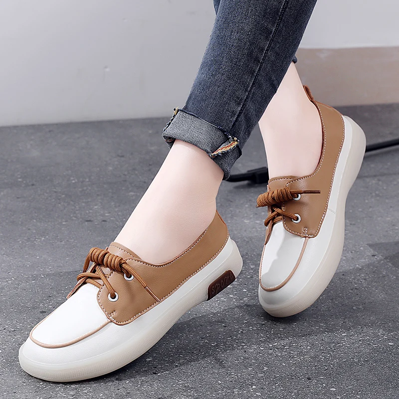 Genuine Leather Female Single Shoes Lace-up Flat Bottom Casual Korean Version of The Student Soft Bottom Board Shoes