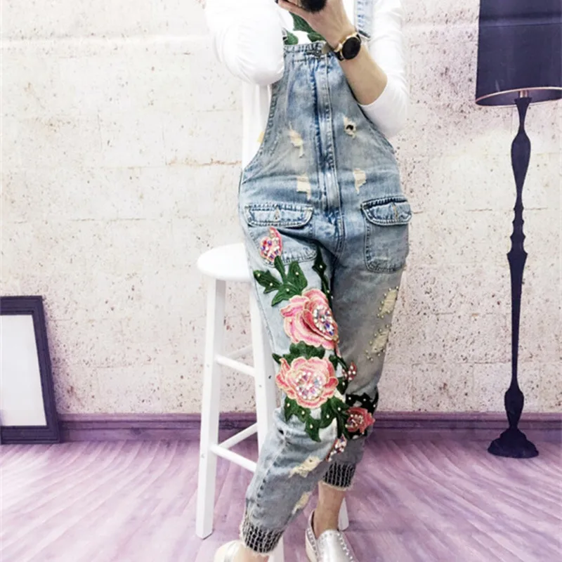 Spring Autumn Beaded Embroidered Flower Hole Denim Bib Overalls Casual