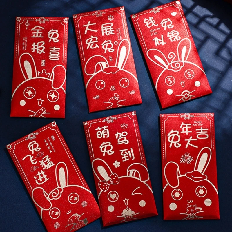  6 Pieces 2023 Rabbit Chinese New Year Red Envelope Silk Red  Envelope Year of Rabbit New Year Envelope Hong Bao Red Card Pocket Lucky  Money for Spring Festival Wedding Birthday (