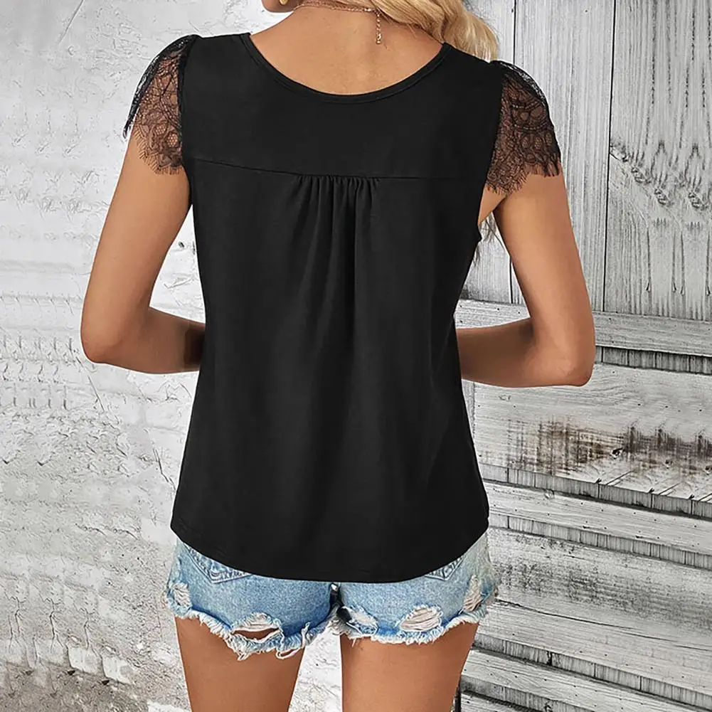 

Solid Color Pullover Tops Stylish Women's V-neck Lace Tops Casual Summer Streetwear with Short Sleeves Button Details for Trendy
