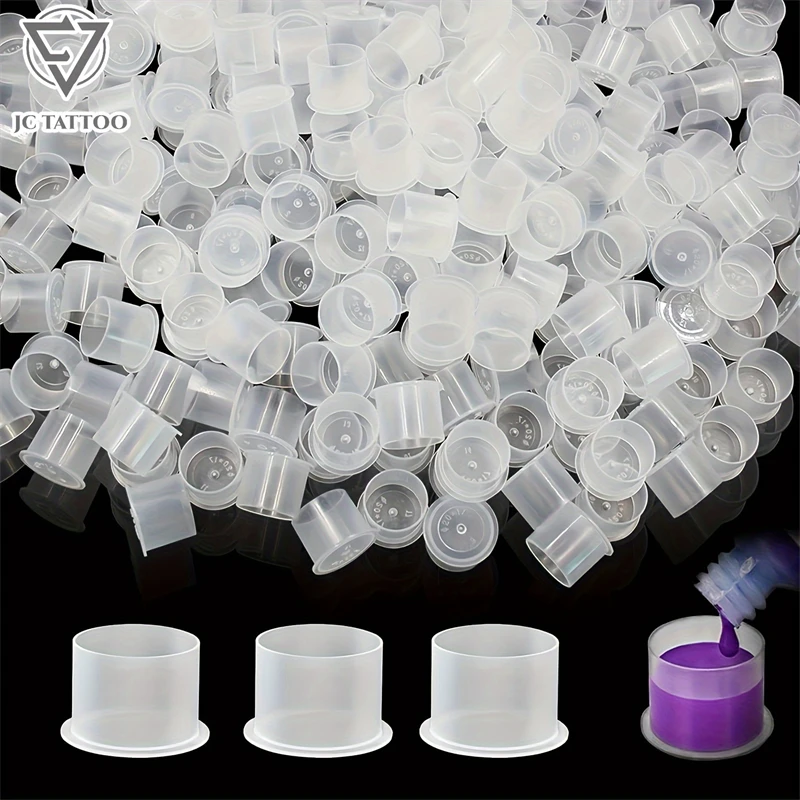 JC TATTOO 100pcs Disposable Tattoo Ink Caps S/M/L/XL Tattoo Ink Cups with Base Clear Plastic Pigment Permanent Makeup Container 2